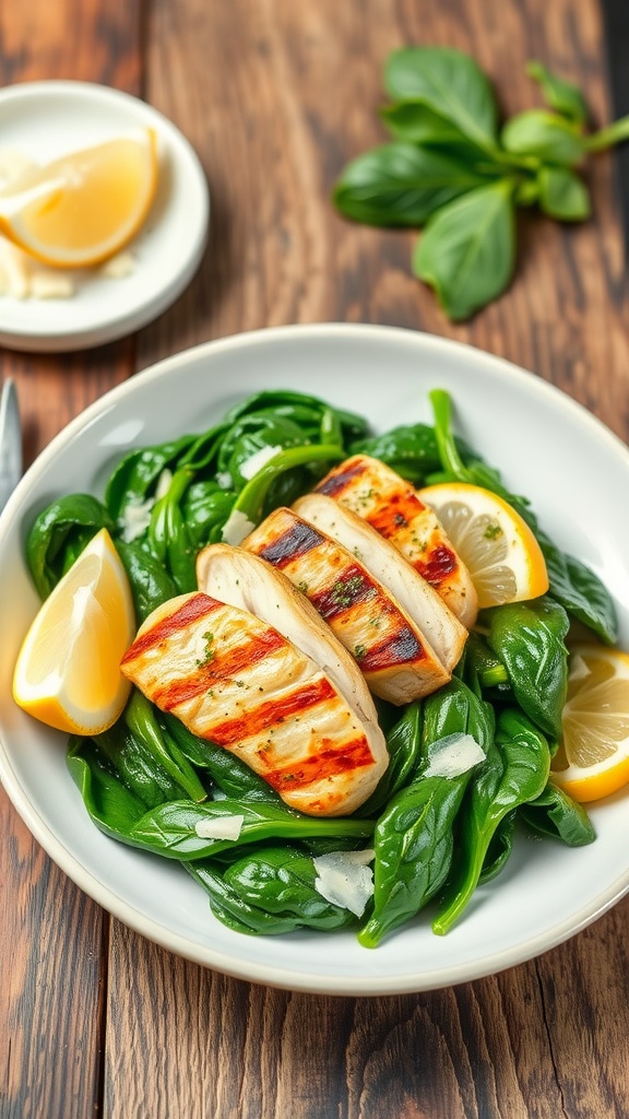 Plated grilled chicken on sautéed garlic spinach with Parmesan and lemon.